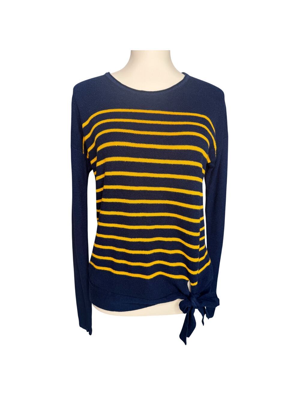 St John's Bay Navy Yellow Striped Tie Hem Sweater Size Medium Cotton Rayon